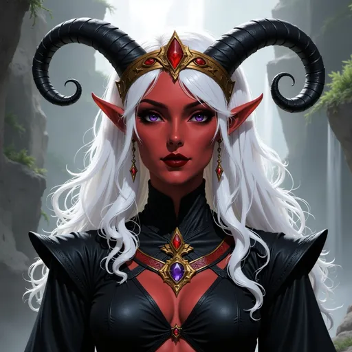 Prompt:  @p2CZMES7VK5y7B1QsEFp white hair, large crown, lots of jewelry, horns curved down, black clothes, waterfall