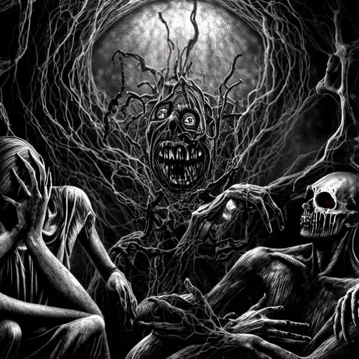 Prompt: A realistic hyper detailed image of the depressed dark and scary detailed and realistic looking in from the outside of hell of the worst fear anyone has ever had nightmares demons with blank faces Different images or items in image that are all apart of the the whole nightmare demonic energy haunting and deep 