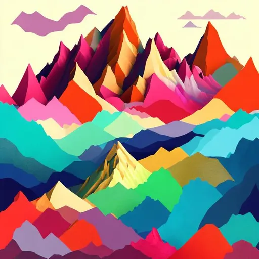 Prompt: painting of a mountain range, give depth layering, make it dreamlike and creative, with hues of color.