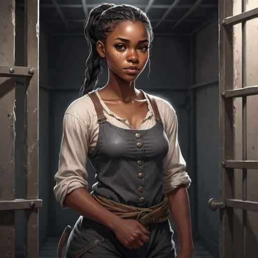Prompt: Full body, Fantasy illustration of a black female farmgirl, 18 years old, beautiful, black skin, ponytail, fearfull expression, high quality, rpg-fantasy, detailed, in a prison cell