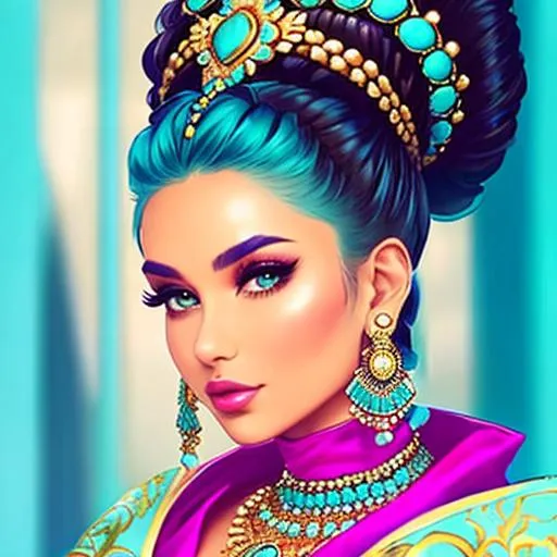 Prompt: An extremely gorgeous woman,  with top knots full of turquoise jewels, in color scheme of turquoise and gold