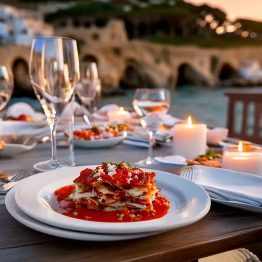 Prompt: "Generate an image of a romantic dinner scene for two at the beach in Polignano a Mare, Italy, known for its stunning coastal views. Set a table right by the shoreline, creating a picturesque beachside dining experience. Ensure that the beautiful serving platter with a mouthwatering lasagna, featuring a lighter sauce, is prominently featured as the centerpiece of the scene. Additionally, include two glasses, one with exceptionally refreshing and sparkling green grape juice with plenty of ice cubes, making it the focal point. The romantic ambiance should complement this beautiful Italian coastal setting."


" ultra hd, realistic, vivid colors, highly detailed, UHD drawing, pen and ink, perfect composition, beautiful detailed intricate insanely detailed octane render trending on artstation, 8k artistic photography, photorealistic concept art, soft natural volumetric cinematic perfect light"

