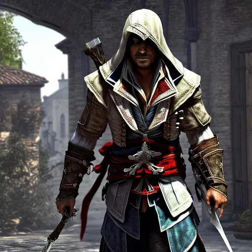 Prompt: Show an 'Assassin's Creed' character looking intrigued