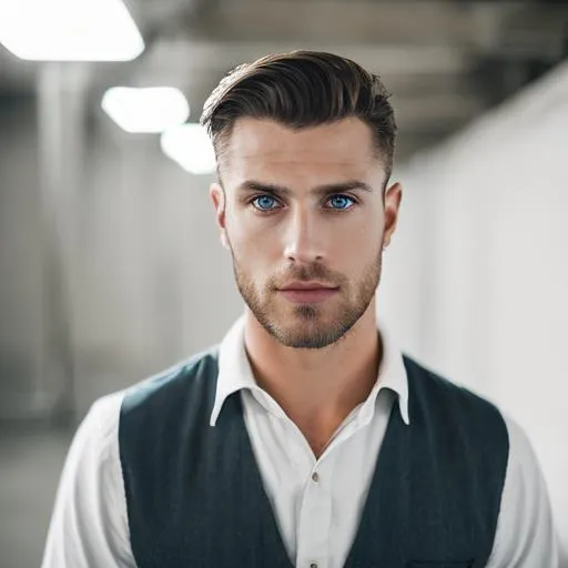 Prompt: photo realistic portrait of {white handsome young male}, centered in frame, facing camera, symmetrical face, ideal human, 85mm lens,f8, photography, ultra details, natural light, light background, photo, Studio lighting