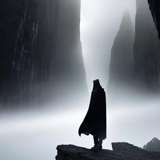 Prompt: Full-body detailed masterpiece, fantasy, high-res, quality upscaled image, perfect composition, subject of this image is a distant cloaked figure staring into distance,  black cloak, athletic body, 18k composition, 16k, 2D image, cell shaded, athletic torso, dark cliff background, shadowy aura, dnd, magical, hidden face