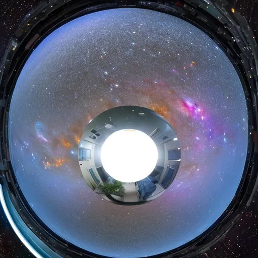 Prompt: view from center of mirrored sphere in the center of the galaxy