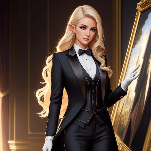 Prompt: tuxedo, suit, gloves, blonde, Oil painting, Chiaroscuro, landscape, UHD, 8K, highly detailed, panned out view of the character, visible full body, a hyperdetailed mage elven woman, hyperdetailed long hair, masterpiece, hyperdetailed full body, hyperdetailed feminine attractive face and nose, complete body view, ((hyperdetailed eyes)), perfect body, perfect anatomy, beautifully detailed face, alluring smile, ((fantasy_gown1.3)), small chest