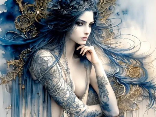 Prompt: fine art portrait by Luis Royo, fantastically beautiful face - dark blue ink, gold watercolor, very thin lines, extremely detailed, precise work, a masterpiece.