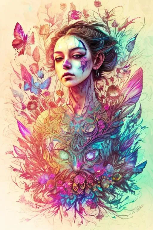 Prompt: Rainbow lighting, Grunge, dark, fantasy, tiger, green eyes (Composition grunge, of beautiful butterflies on a face, every part of the face is covered of colourful blossoms and pedals wildflowers) butterflies, by Carne Griffiths and Awwchang and CG Society and James Christensen and by Lou Xaz. groovy celestial rainbow coloured intricated and elegant field of and flower petals in background) by Lou Xaz", photo, 3d render, painting, illustration, poster, vibrant, portrait photography, cinematic, dark fantasy, lily allen, 8k super detail, smiling, large chest, abs, long hair, lying down on back, red hair, red crop top open lace, red short shorts open, twin ponytails, upshirt, upshorts, closeup, sultry, fashion, wildlife photography, product