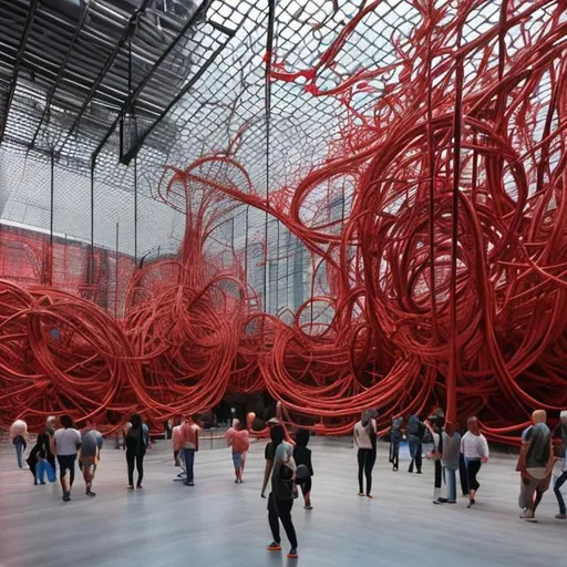 Prompt: instaration, huge public art, modern art, in new york, big, red, strait up standing Rope, Mariyo Yagi, complicated, detailed art with steel, people walking by the art