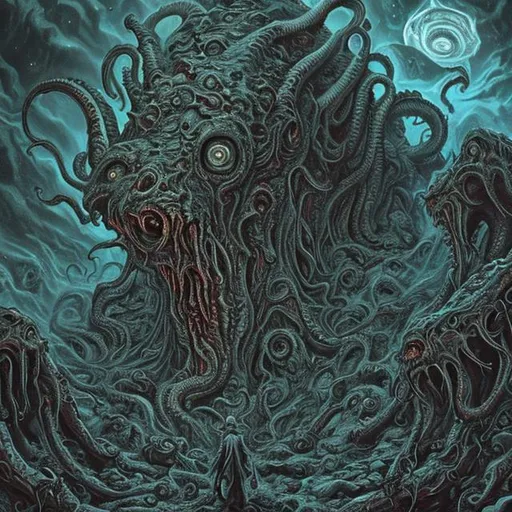 Prompt: Lovecraft Hell with detailed background detailed monsters demons with Lovecraft cosmic horror elements and detailed faces with horrifying expressions and detailed bodies