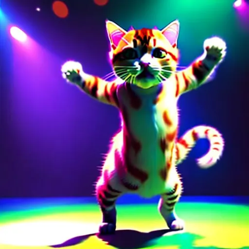 Prompt: cat doing the disco, HD, high resolution, 4k, 3d, third person, make cat dance on its hind legs
