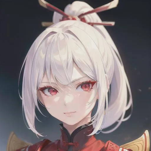 Prompt: (masterpiece, illustration, best quality:1.2), ponytail, short white hair, red eyes, wearing samurai armour, portrait, mean face, best quality face, best quality, best quality skin, best quality eyes, best quality lips, ultra-detailed eyes, ultra-detailed hair, ultra-detailed, illustration, colorful, soft glow, 1girl, beautiful girl, princess like, samurai theme