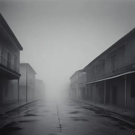 Prompt: Walking alone in a mysterious, ominous modern city that is similar to silent hill with all the fog and snows. Located in New Orleans. Creepy ghosts lurking around the town looking for victims to terrorize with their fear. Black and white, Zdzislaw Beksinski, horror, landscape, hopeless, death, depressing