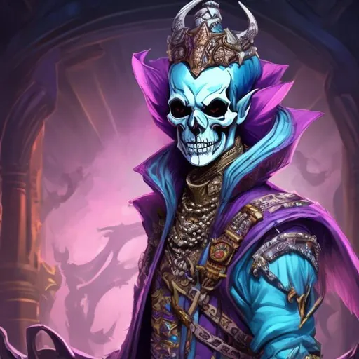 Prompt: DND character portrait male skeleton jester with vibrant looking clothing