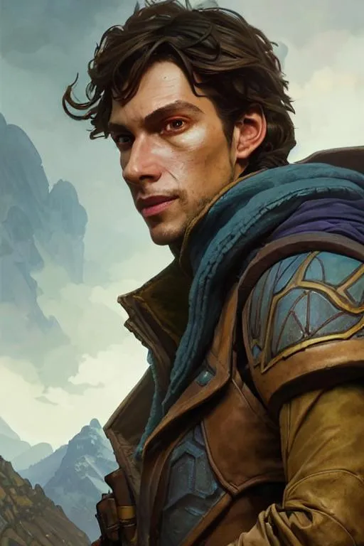 Prompt: realistic portrait of a dnd male baron, D&D, shorter brown hair, brown eyes, highly detailed, concept art, smooth, art by artgerm and greg rutkowski and alphonse mucha and simon stalenhag, ambient lighting, fantasy, full view, close up to face, highly detailed face, sharp face, blue clothes and coat