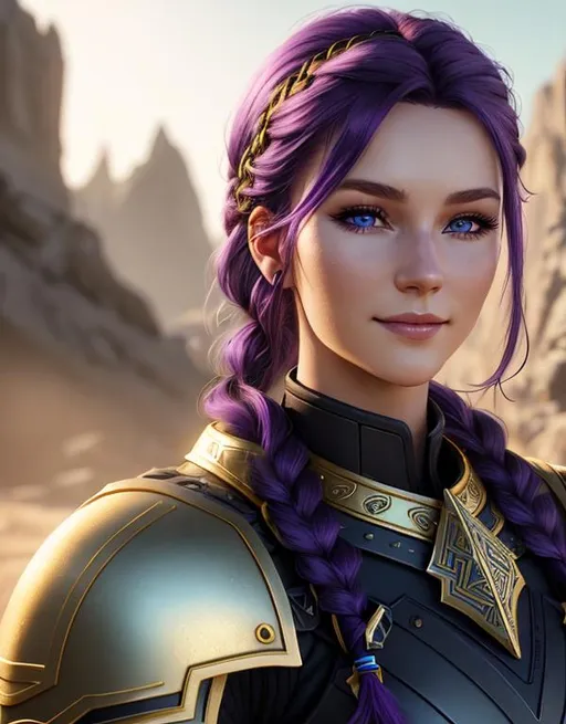 Prompt: Digital art, bright colors, subtle smile, 20-year-old woman viking, dark purple hair, one braid, light blue eyes, cut over left eye to on cheek bone, black gear, gold armor, unreal engine 8k octane, 3d lighting, full body, full armor