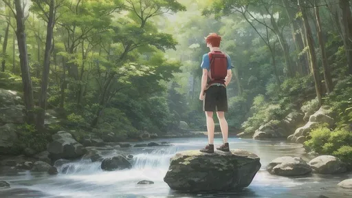 Prompt: A teenage boy, with red hair, from the back, sat on a rock, by a river, in a lush forest, in the style of studio Ghibli