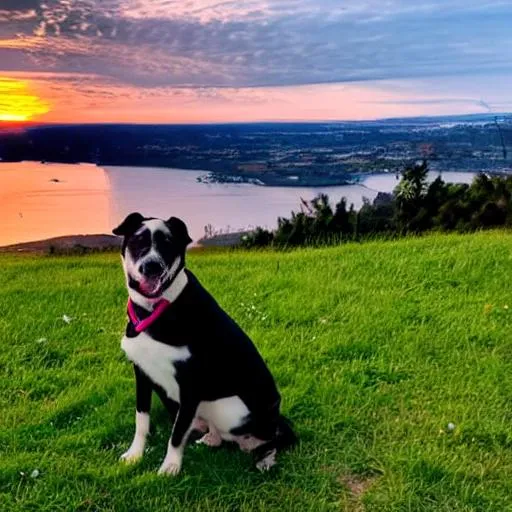 Prompt: dog sitting on a hill IN front of the sunset