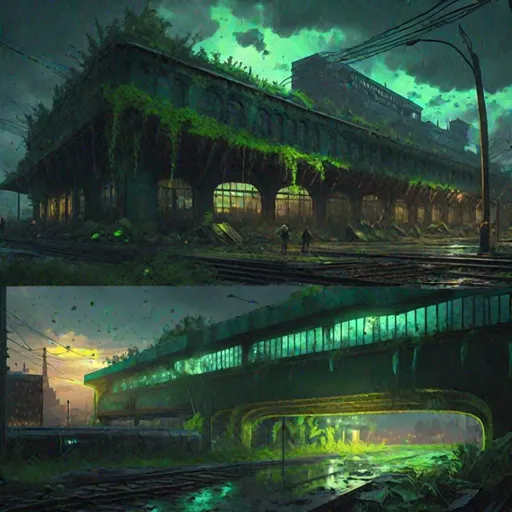 Prompt: post-apocalyptic cityscape, train terminal, the last of us style, bioluminescent green mutated fungi spreading like an infection on the land, trending on Artstation, overgrown, raining, flooding, hypermaximalist, highly detailed and intricately designed, digital painting, golden hour, stormy skies, light rays through clouds, light pillars, cinematic style, perfect composition, aspect ratio 3:2, full shot, dramatic lighting, reflections