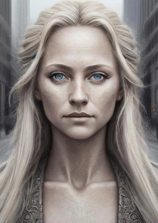 Prompt: Zoomed out hyper realistic very detailed oil portrait of a goddess with highly detailed intricate blond hair,  wide open grey eyes, lawyer, Femida, city background, 64k, trending art, masterpiece, trending on artstation