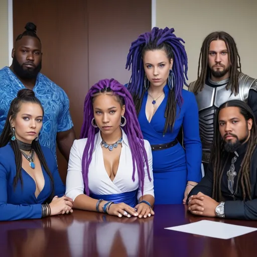 Prompt: Tall black young native Boss woman seated at the meeting table accompanied by very large men in black and two ladies dressed in blue. Boss lady has Purple wrap for her dreads with a white spanish dress on her curvy beautiful body with platinum jewlry on. She found out she is Royalty. With a Blue and Silver Sumiri sword in front of her. 