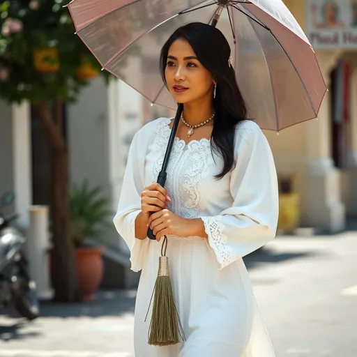 Prompt: filipina woman, morena skin color, black hair, wearing an all white traditional dress Filipiniana Terno. Walking in an urban area, holding an umbrella on a sunny day.