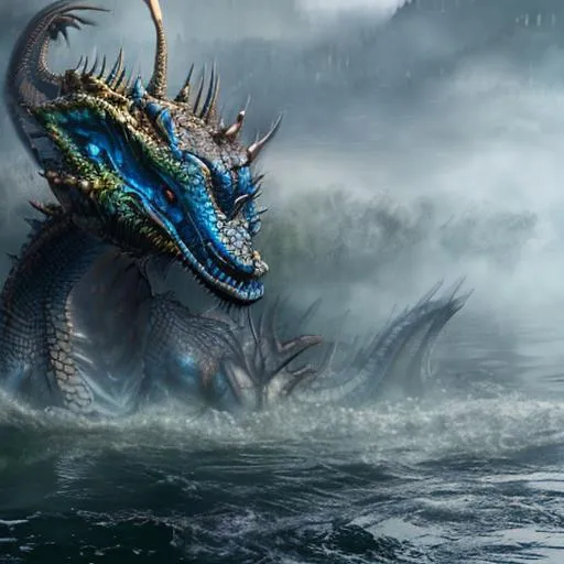 Prompt: flying water dragon, blue armor scales, mysterious fog lake background, hyper realistic, full body, chinese dragon style, have a beard and horns
