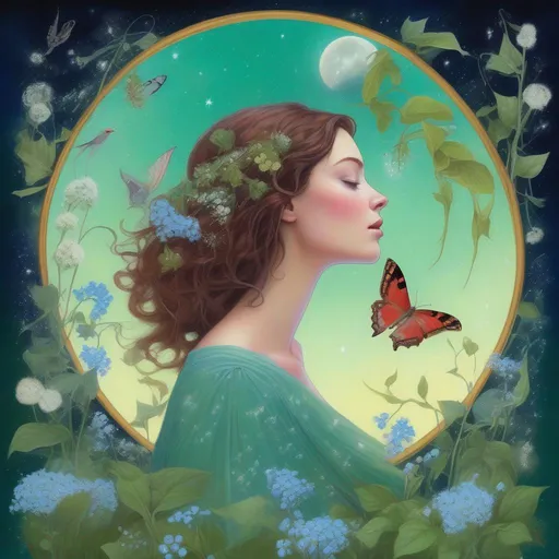 Prompt: A profile beautiful and colourful picture of Persephone with brunette hair and light freckles is surrounded by a green Luna Moth, forget-me-not flowers, Baby's Breath flowers, a chickadee bird, animals and strawberry plants, framed by the moon and constilations