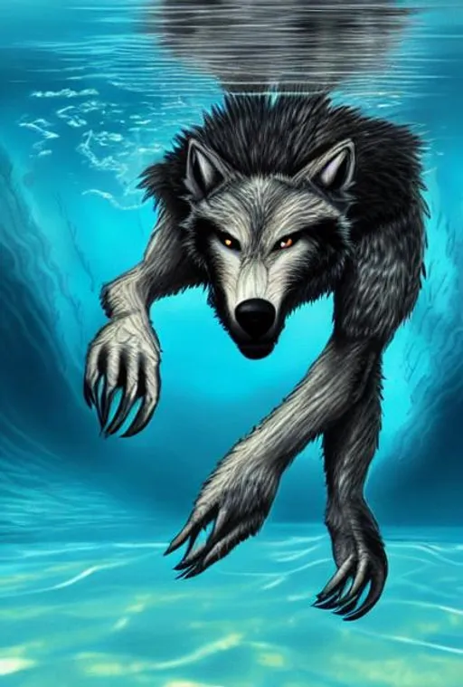 Prompt: a werewolf swimming underwater