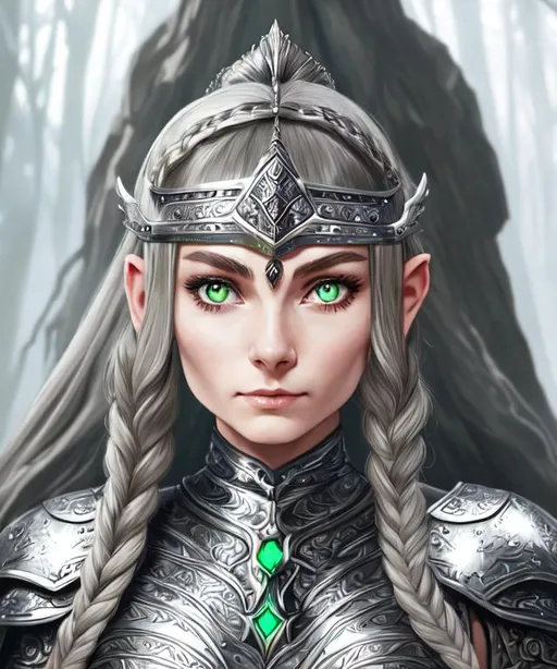 Prompt: Illustration of fantastic world, a POV portrait of a female elfish warrior wears a elfish intricate symmetrical helm. she has grayish green eyes, shiny silver white messy long hair with braid, slim and beautiful face, pale skin [Audrey Hepburn:0.5]. She wear tight intricate armor with sparky gems. dark forrest background, volumetric light. ultra photo realistic Masterpiece by Amano Yoshitaka and Mamoru Nagano, \(The Heroic Legend of Arslan\)