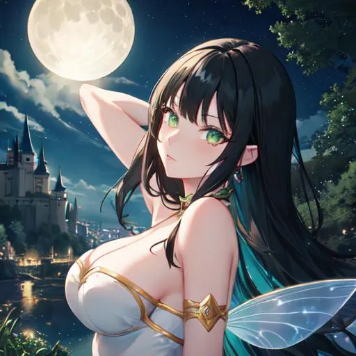 Prompt: , fairy, anime woman , black hair, green eyes, near a castle, at night, woman,