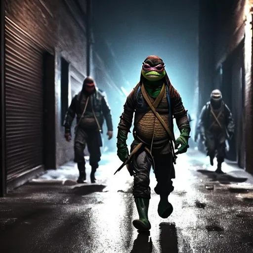 Prompt: Lone teenage mutant Ninja turtle with black mask in dark alley in the rain fighting gang