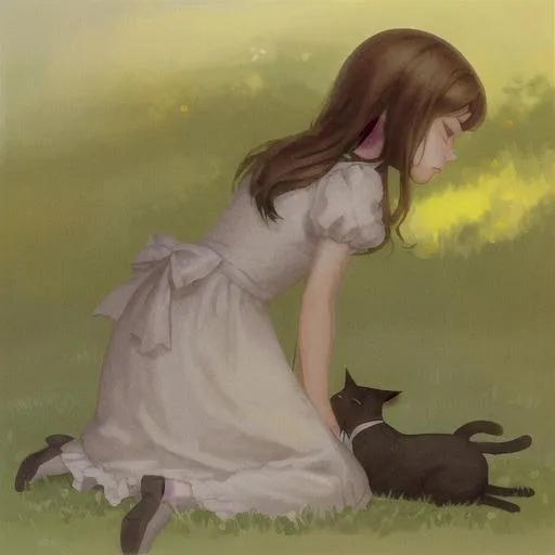 Prompt: Girl kissing with a cat on the grass, sunshine 