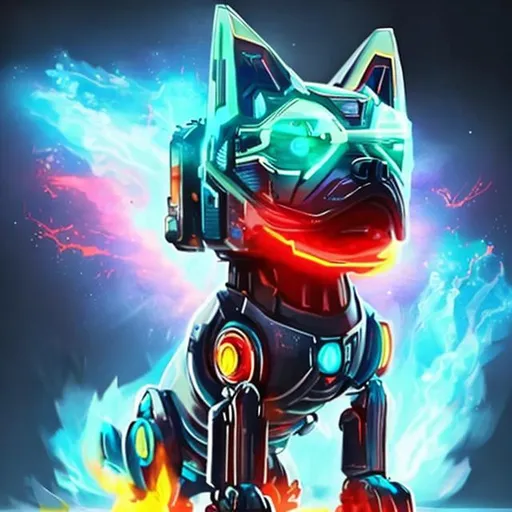 Prompt: robot dog with blue green and red fire in the background and super pawers