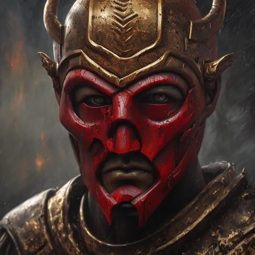 Prompt: war as a male god with a red mask covering his face
realistic dark oil painting, 8k, many details