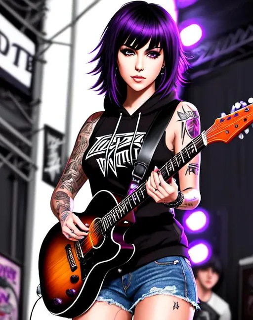 Prompt: concert poster
kat von d, 17 years old, tattoos, black  short hair with purple highlights, playing guitar in crowded bar, parted bangs, brown eyes, ethereal, black emo hoodie, denim shorts, wild hair, royal vibe, highly detailed, digital painting, Trending on artstation , HD quality, Big Eyes,artgerm, by Ilya Kuvshinov