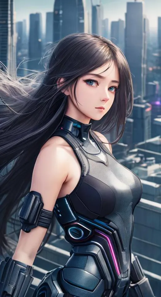 Prompt: Dystopian, High Detail RAW color Photo, Full Shot, upper half view, (cute and innocent female), long stray hair, elegant, detailed face, detailed eyes, centered,

standing on an overlook, looking out at sprawling cyberpunk city skyline, perfect face, (highly detailed, fine details, intricate), (lens flare:0.5), (bloom:0.5), raytracing, specular lighting, shallow depth of field, 200mm lens, hard focus, smooth, cinematic film still,

masterpiece, professional work, HD, UHD, 64K, 128K,