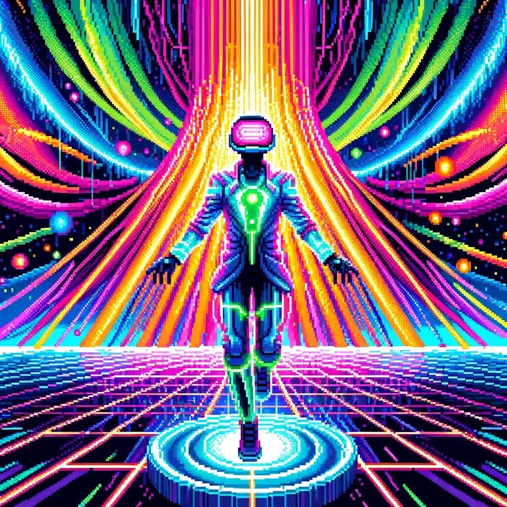 Prompt: Pixel art illustration of a dancer adorned in a neon virtual reality suit against a backdrop of intense, vivid colors, highlighting the balance between luminosity and shadow.