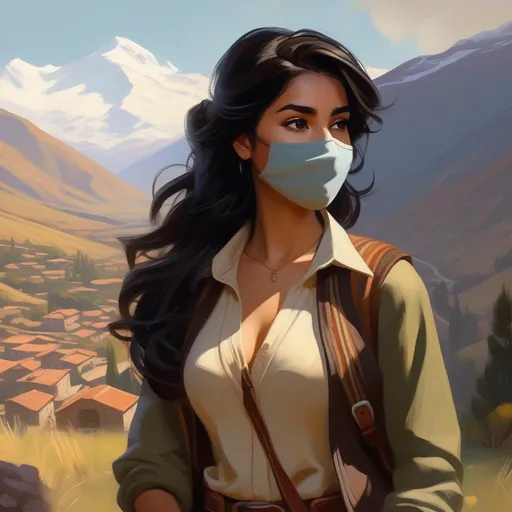 Prompt: Third person, gameplay, Chilean girl, pale olive skin, black hair, brown eyes, Santiago, Andes mountains in the background, cool atmosphere, cartoony style, extremely detailed painting by Greg Rutkowski and by Henry Justice Ford and by Steve Henderson 

