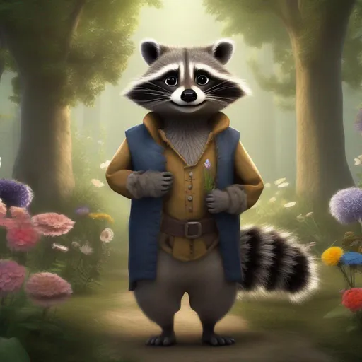 Prompt: anthropomorphic, raccoon, realistic, human proportions, forest, botanist, flowers, fluffy tail, happy, medieval, high definition, professional