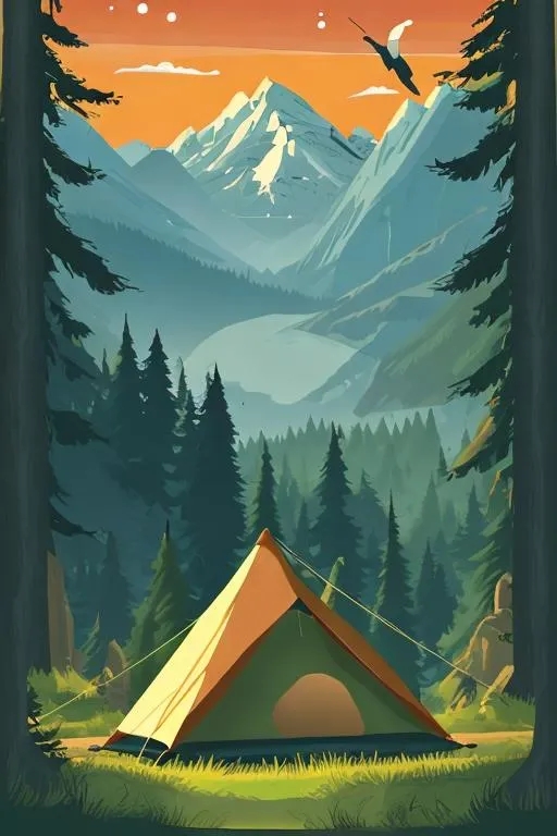 Prompt: nature poster with a tent in the style of Joseph Binder 