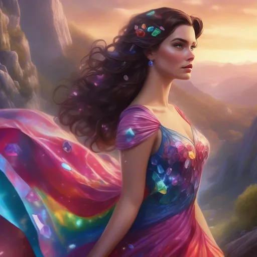 Prompt: A colourful, beautiful brunette, Persephone, in a beautiful flowing dress made of glittering gemstones on a mountainside. In a photorealistic painted Disney style and marvel comics style.