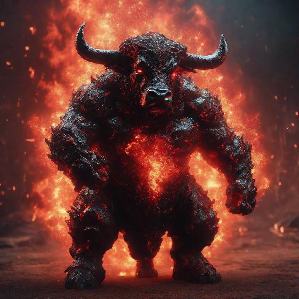 A red and black dwarf bull humanoid made of the elem...