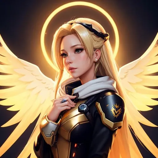 Prompt: Overwatch Mercy, Beautiful, cute, long flowing blonde hair, ultra fine detail, ambient lighting, dramatic lighting, beach, side portrait, girly dress, 4k, 16k, golden halo floating over head, person looking tilting head to camera, wings, witch outfit, cute outfit