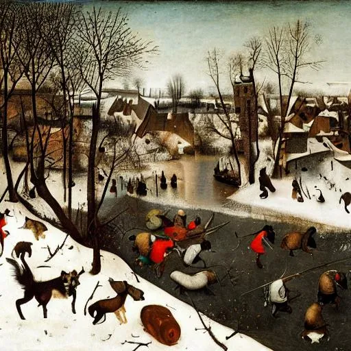 Prompt: Hunters in the snow by pieter bruegel the elder but everyone is a Jack Russell