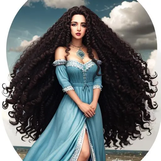 Prompt: a woman with long curly hair by Mark Summers.  +symmetrical eyes, +fine lines, +eyes, +mouth, +hands, +feet,
+long modest dress, 
+weather and clouds,
+HDR, +8k, +UHD, 
+Ensure good overall design,
+Ensure good overall composition,
+Ensure good proportions,