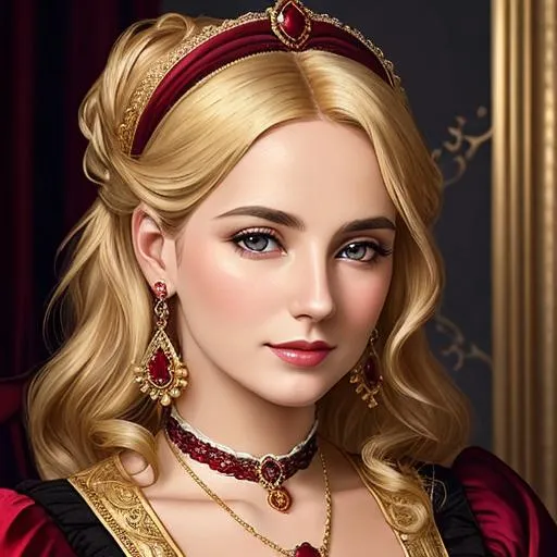 Prompt: Wealthy, stylish lady of the Victorian era, blonde hair, wearing ruby and gold jewelry, wearing ,facial closeup