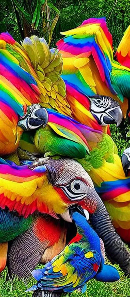 Prompt: A colourful absurdistic group photo of gay parrots, elephants, and pinguïns. 