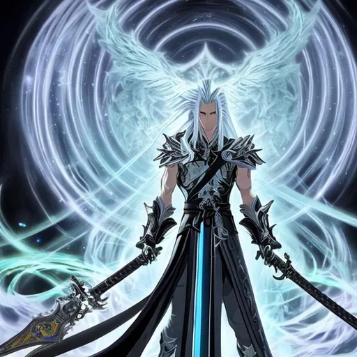 Prompt: Sephiroth, but he's in eighty dimensions, Silver hair, mesmerizing eyes, and an aura of celestial energy define his enigmatic presence. Clad in regal attire, he wields a celestial sword, crackling with otherworldly power